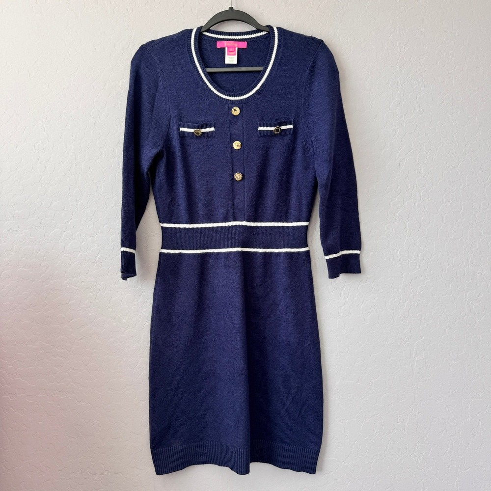 Lilly Pulitzer Medium Sweater Dress Navy Blue 3/4 Sleeve Gold Button Preppy